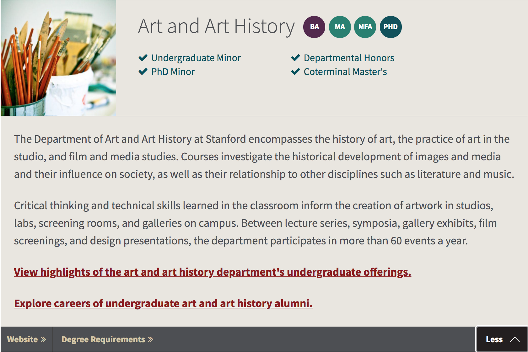 Screenshot showing the Art and Art History section of a webpage as an example of some of the design.