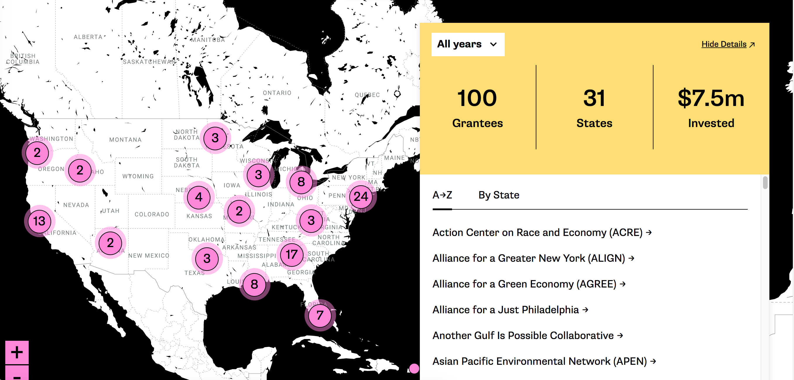 Image of an interactive map of the United States, with clickable areas, and filtering options.
