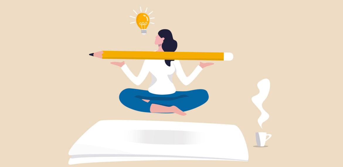 Writer inspiration, blogger, copywriter or journalist creativity concept, young woman writer meditate on blank paper and holding big pencil thinking about idea to write in her blog or journal.