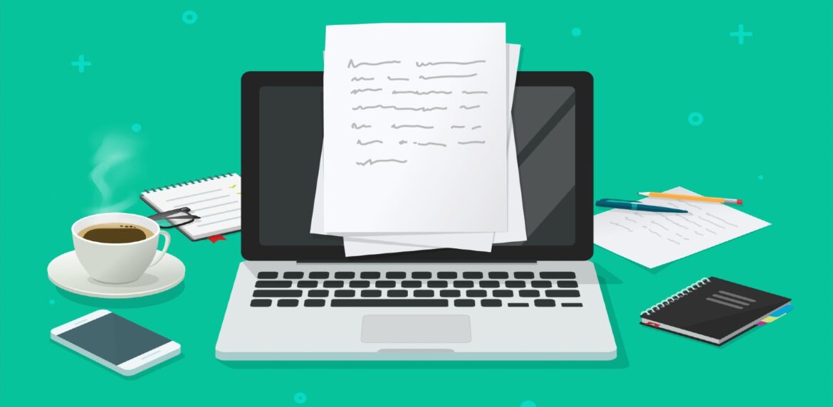 Illustration of a laptop with computer paper suspended in front of a black screen on a teal background; to the left of the laptop is a cell phone