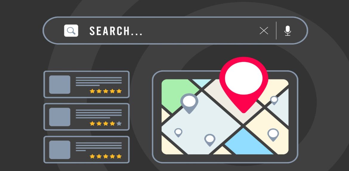 Illustration of a search bar above a map identifying a specific location with a red pin on a black background.