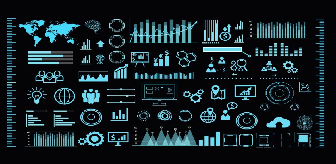 Illustration of various data visualizations in a teal blue on a black background.