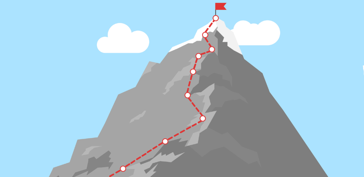 Illustration of a mountain with a flag planted at the top.