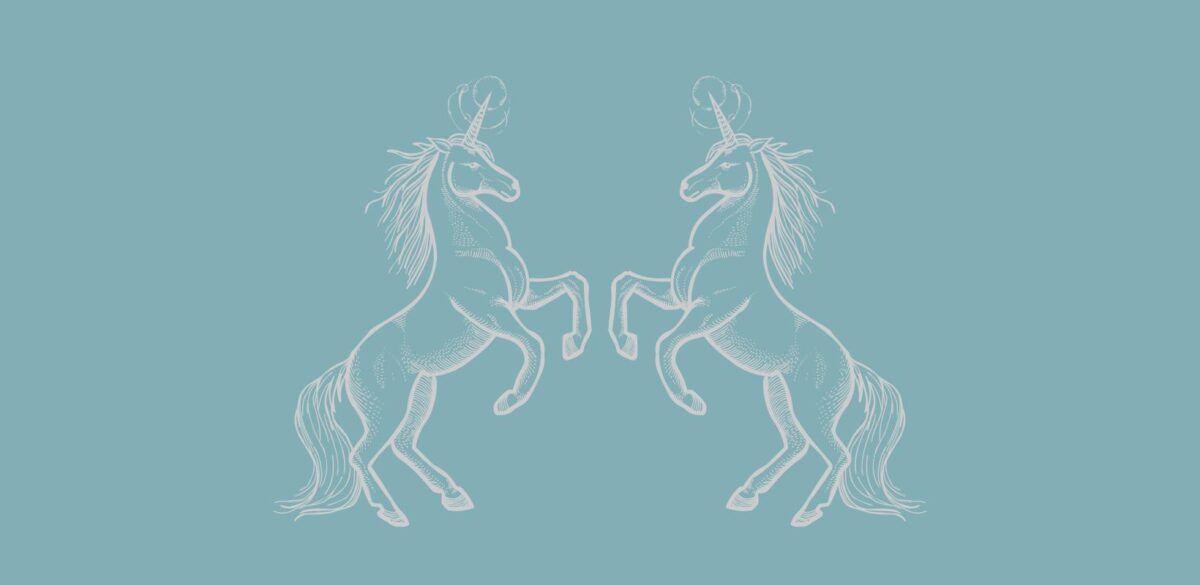 two unicorns facing each other