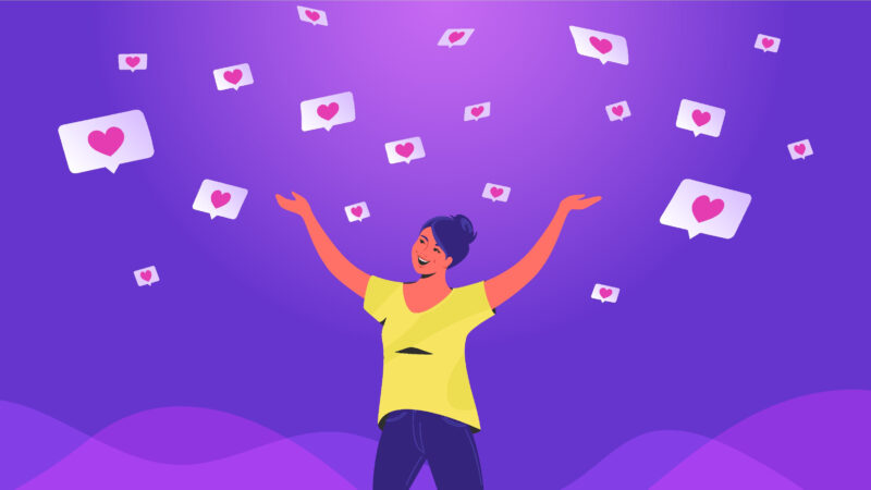 Social media likes and hearts flying down in clouds on a purple background. Gradient vector concept illustration of happy woman wearing a yellow shirt and dark colored pants standing alone and getting hands up as winner and flying down speech bubbles on social media.