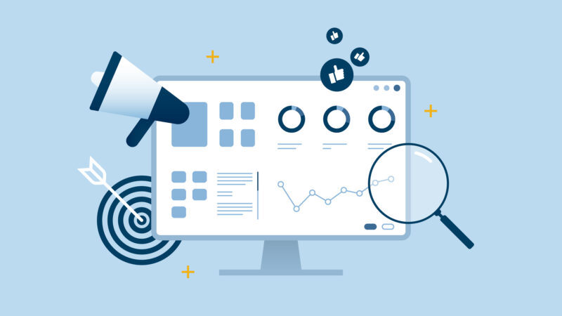 SEO analytics optimization desktop dashboard blue flat design; includes images of a megaphone, bullseye, magnifying glass, and thumbs up emojis