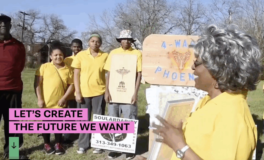 Let's Create the Future We Want. A joyous group of people celebrate local climate change solutions.