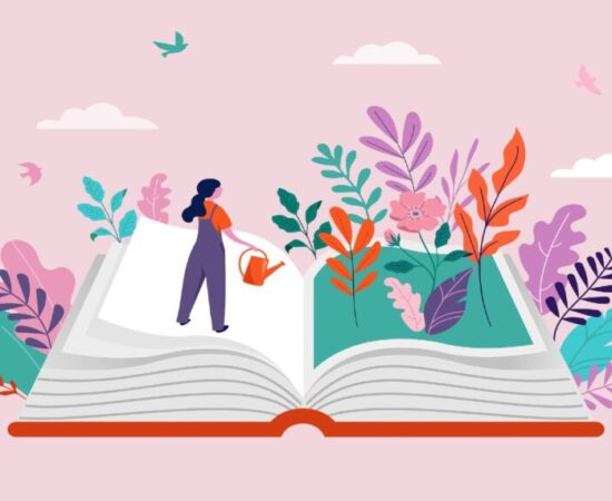 Illustration of a life-sized open book on a light pink background with a figure in purple overalls and an orange shirt standing on the left side of the book's pages. The illustration is holding a watering can over the right side pages of the book and flowers are sprouting out of the pages.