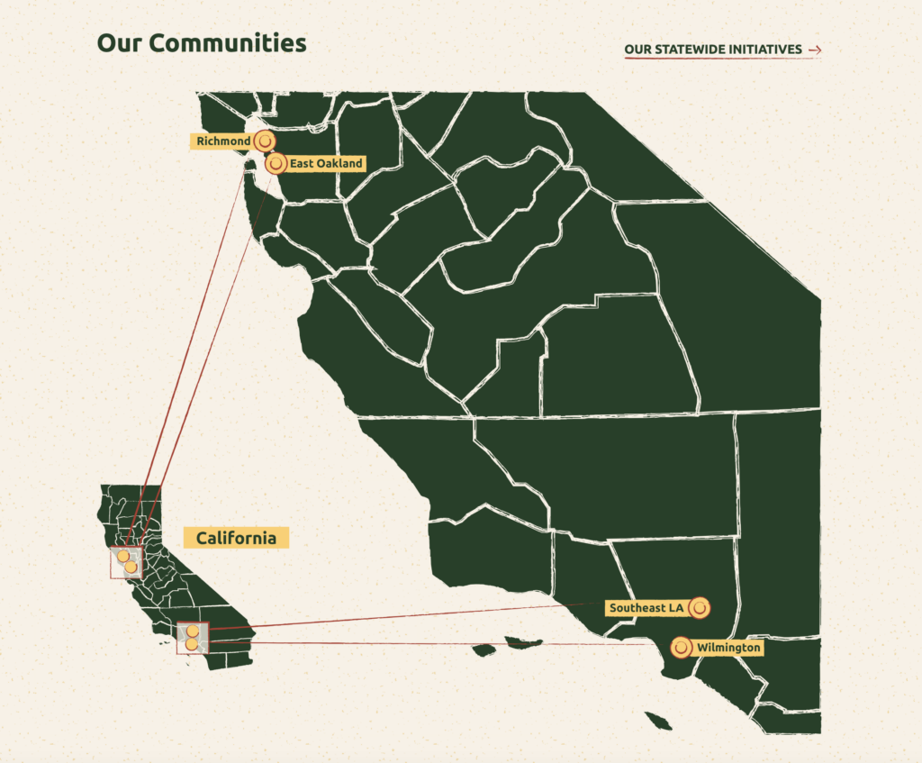 Web page segment: Map of California, connected to an enlarged segment of the showing showing the communities CBE works out of: Richmond, East Oakland, Southeast Los Angles, and Wilmington.