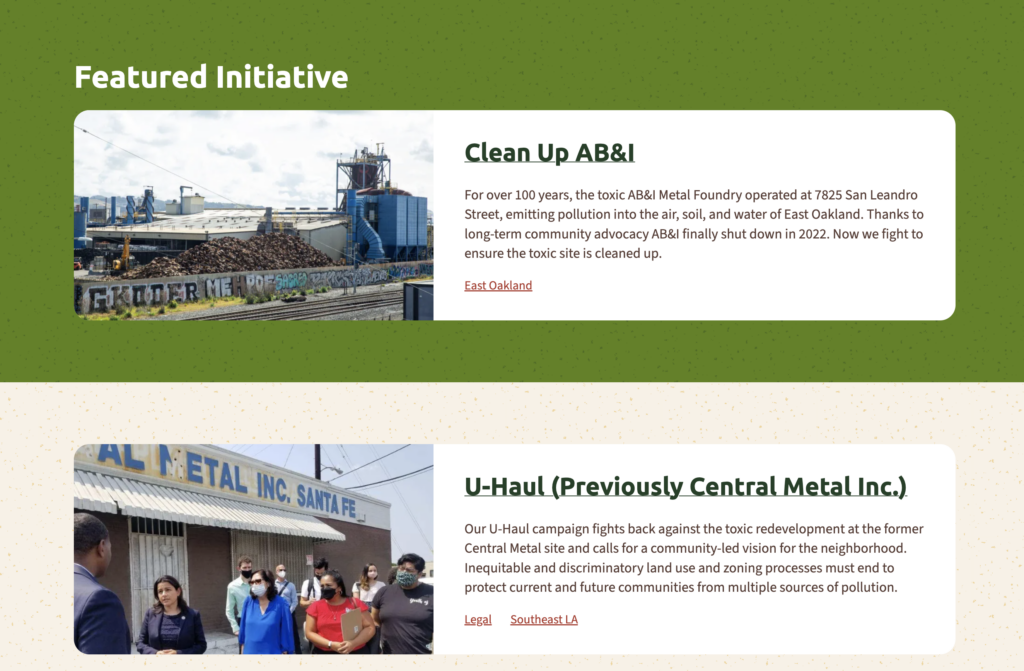 Web page segment: Abbreviated list of the initiatives page on the website showing: Featured Initiative: Clean up AB&I. U-Haul (previously Central Metal Inc)