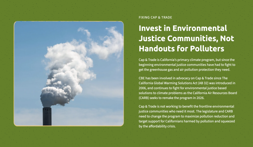 Web page segment: Invest in Environmental Justice Communities, Not Handouts for Polluters