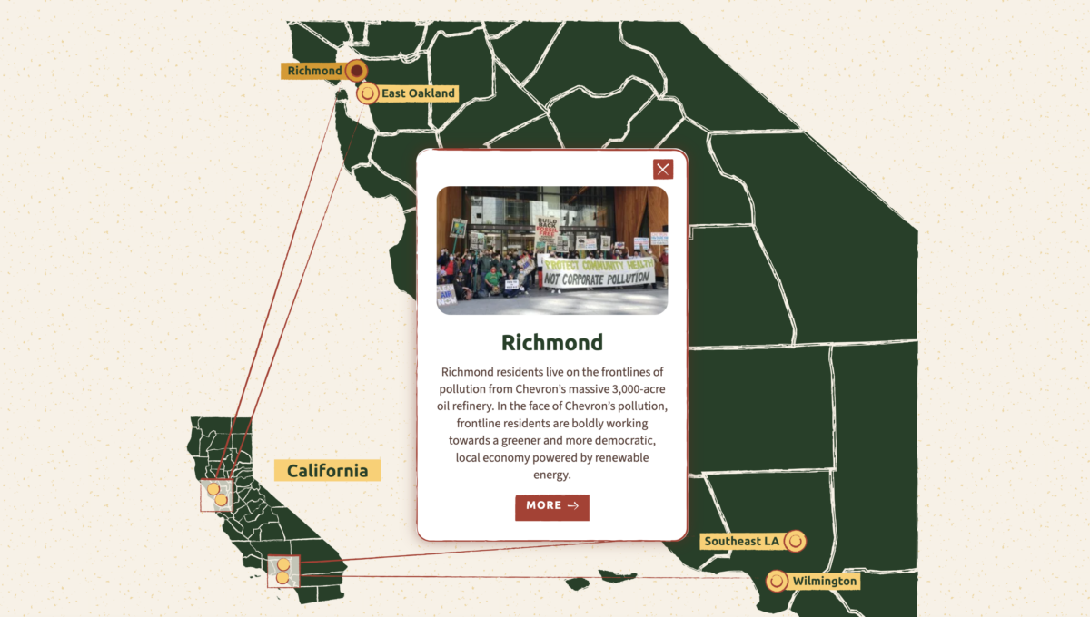 Map or part of California showing four cities: Richmond, East Oakland, Southeast LA, and Wilmington. A popup box is open and says 