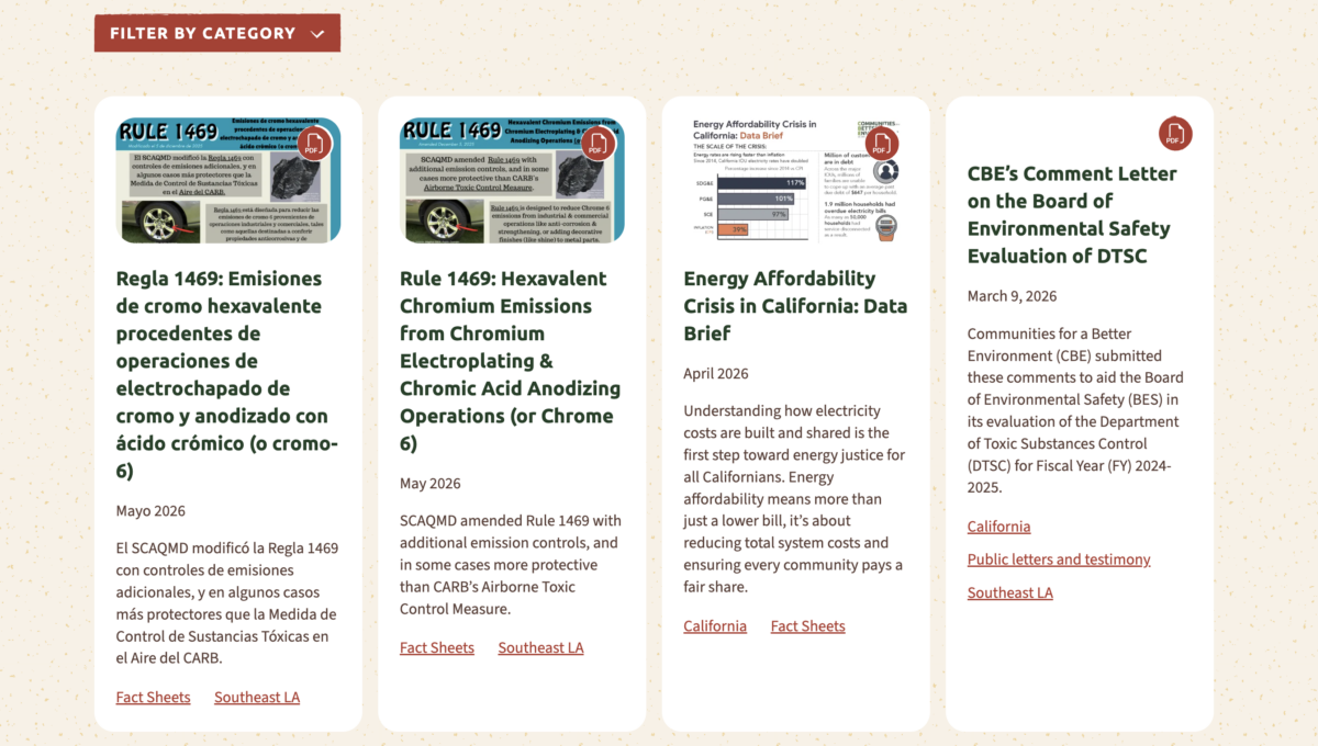 List of resources with a filter button on chemical emissions (in Spanish and English), energy affordability crisis in California, and board of environmental safety evaluation.