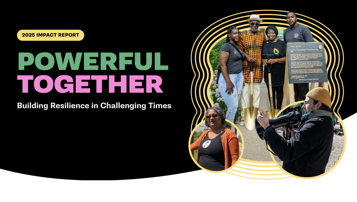 2025 Impact Report: Powerful Together. Building resilience in challenging times. Collage of activists holding protest signs.
