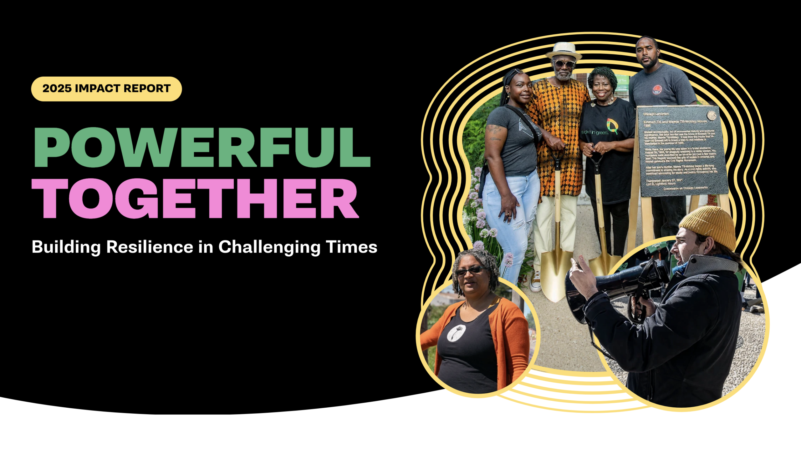 2025 Impact Report. Powerful Together. Building resilience in challenging times. A collage shows people with determined, positive attitudes winning awards, protesting, and standing tall.